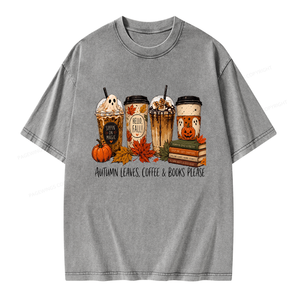 Pagewings Halloween Coffee Books Unisex Washed T-shirt