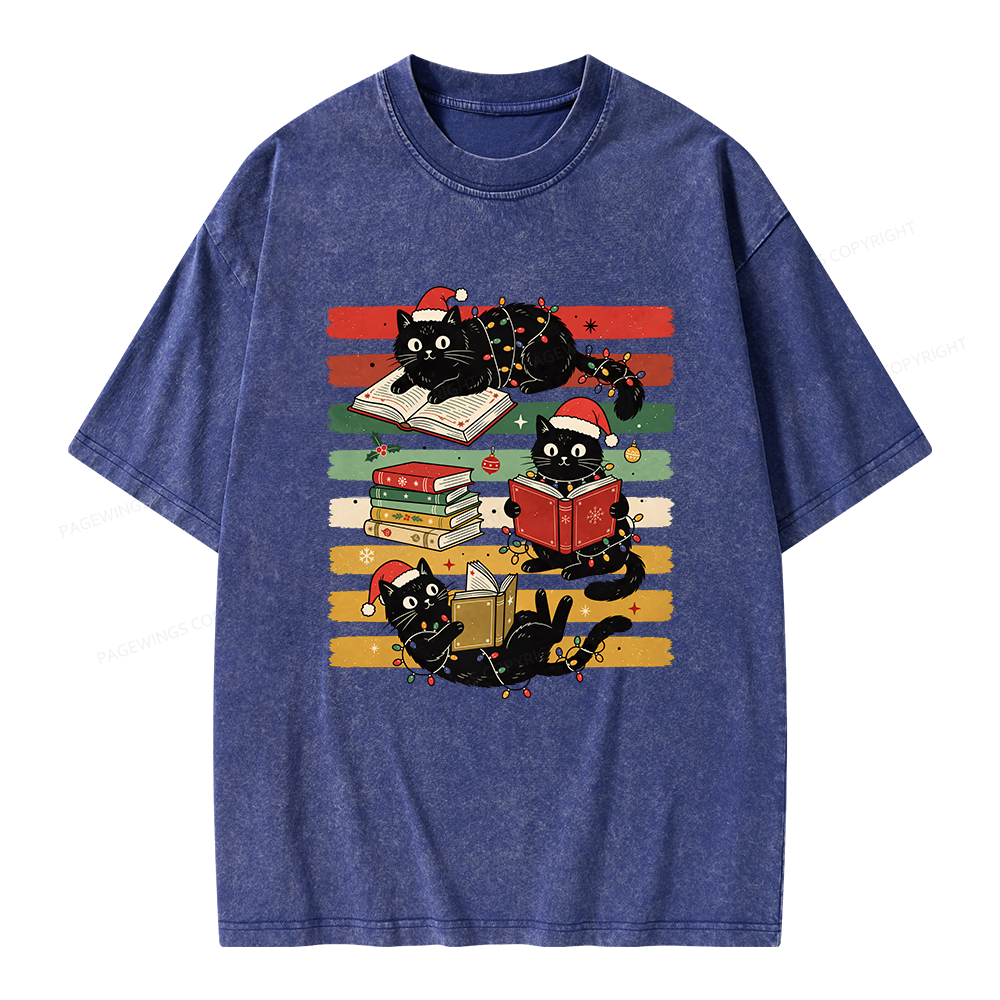 Pagewings Bookish Cat Christmas Unisex Washed T-shirt