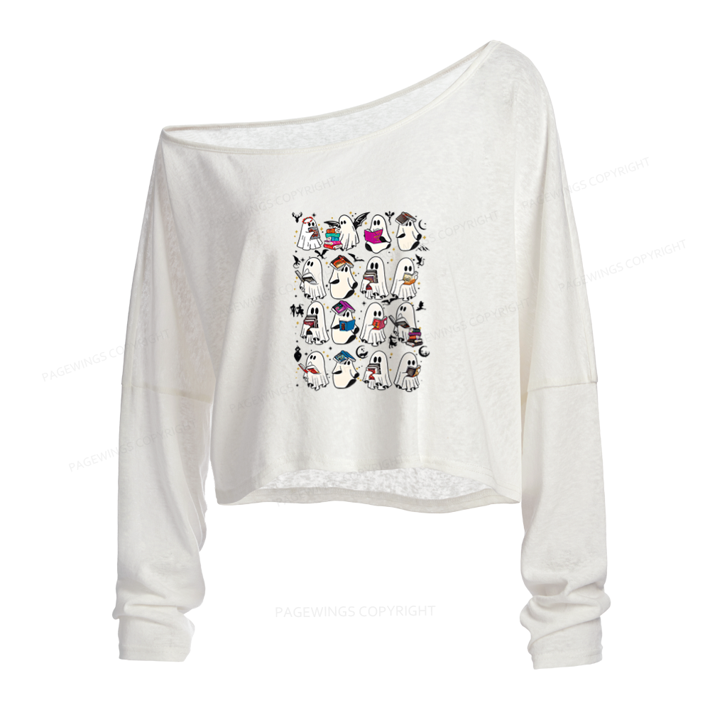 Pagewings Retro Ghost Book Fantasy Slouchy Long Sleeve Off Shoulder T-shirt