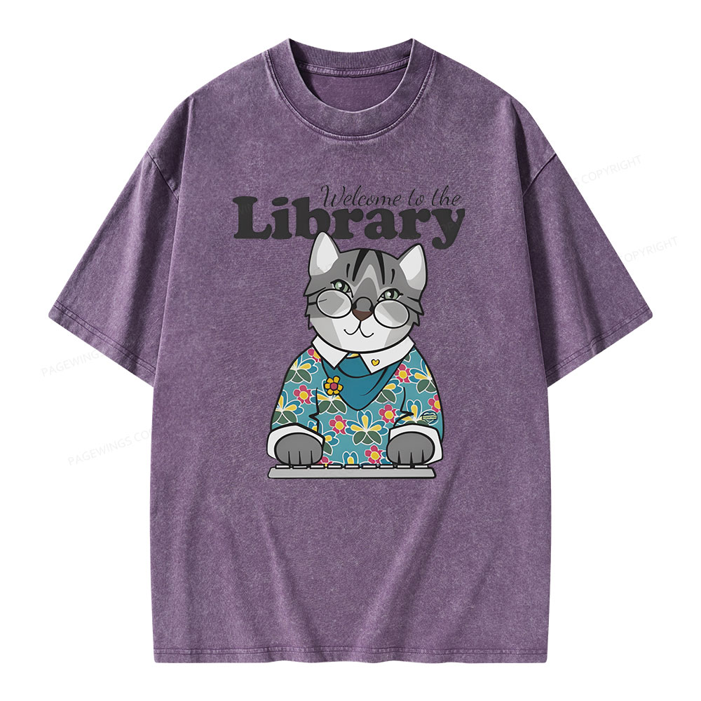 Pagewings Welcome to the Library Cat Unisex Washed T-shirt
