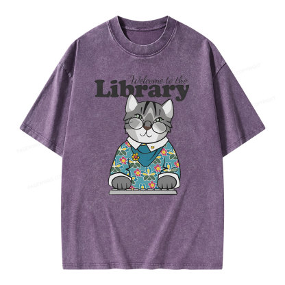 Pagewings Welcome to the Library Cat Unisex Washed T-shirt