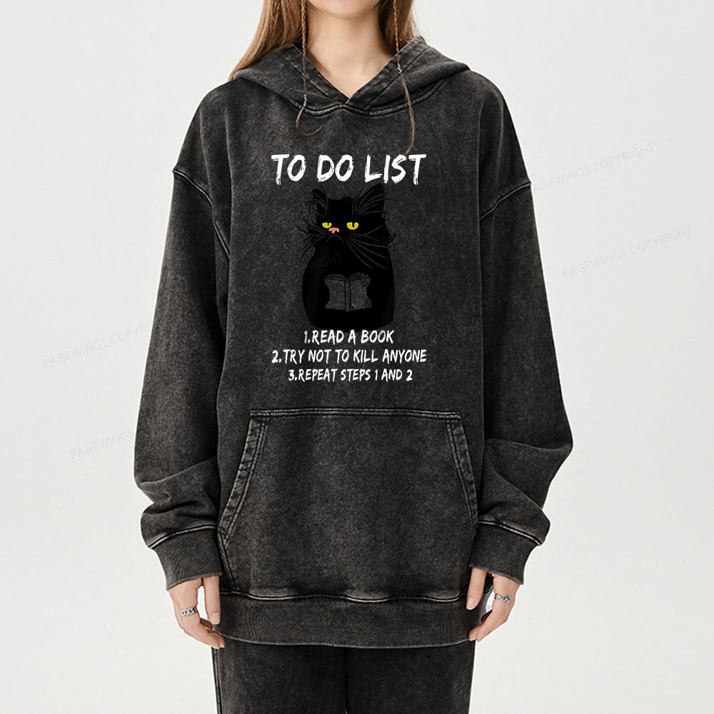 Pagewings Black Cat To Do List Unisex Washed Hoodie