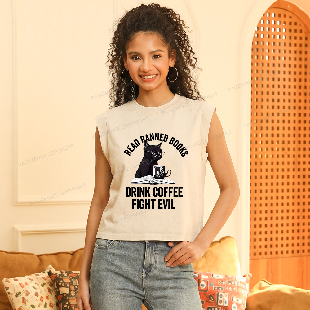 Pagewings Read Books Drink Coffee Fight Evil Women's Washed Tank Top