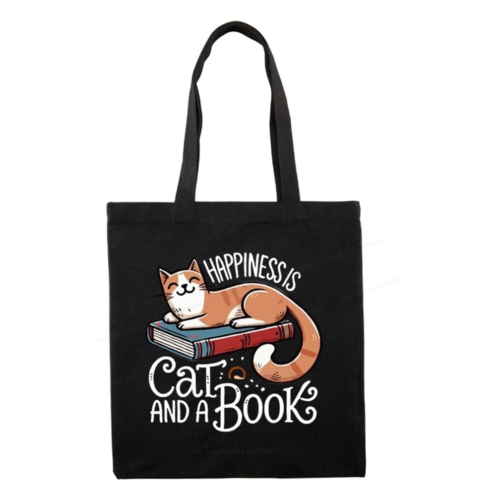 Pagewings Happiness Is A Cat And A Book Unisex Tote Bag
