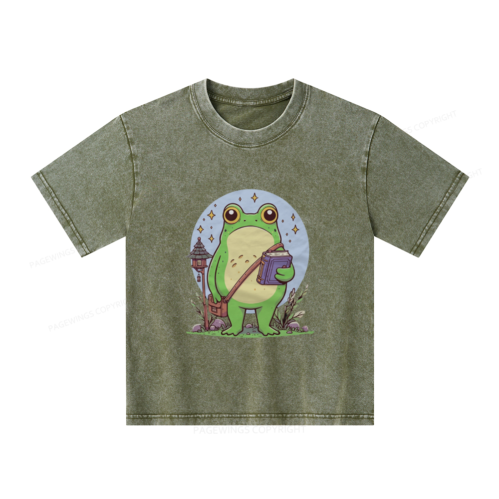 Pagewings Frog Reading Book Unisex Kids Washed T-shirt