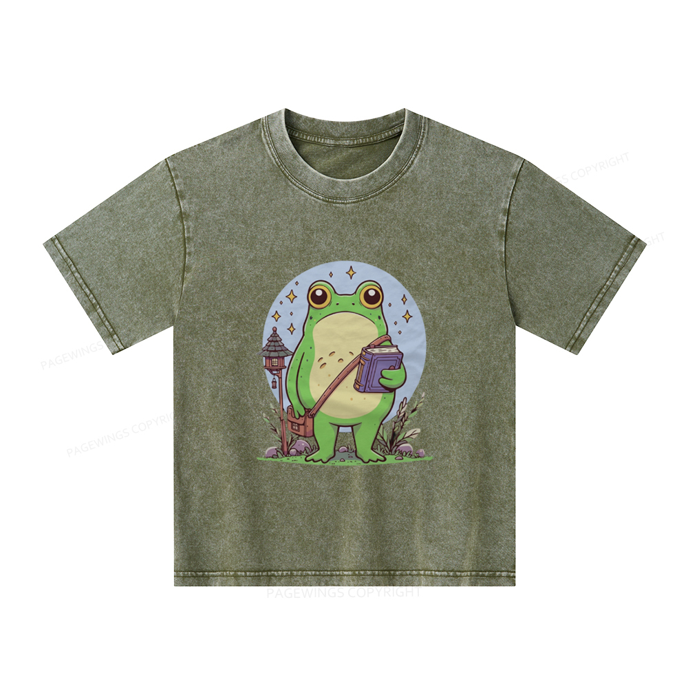 Pagewings Frog Reading Book Unisex Kids Washed T-shirt