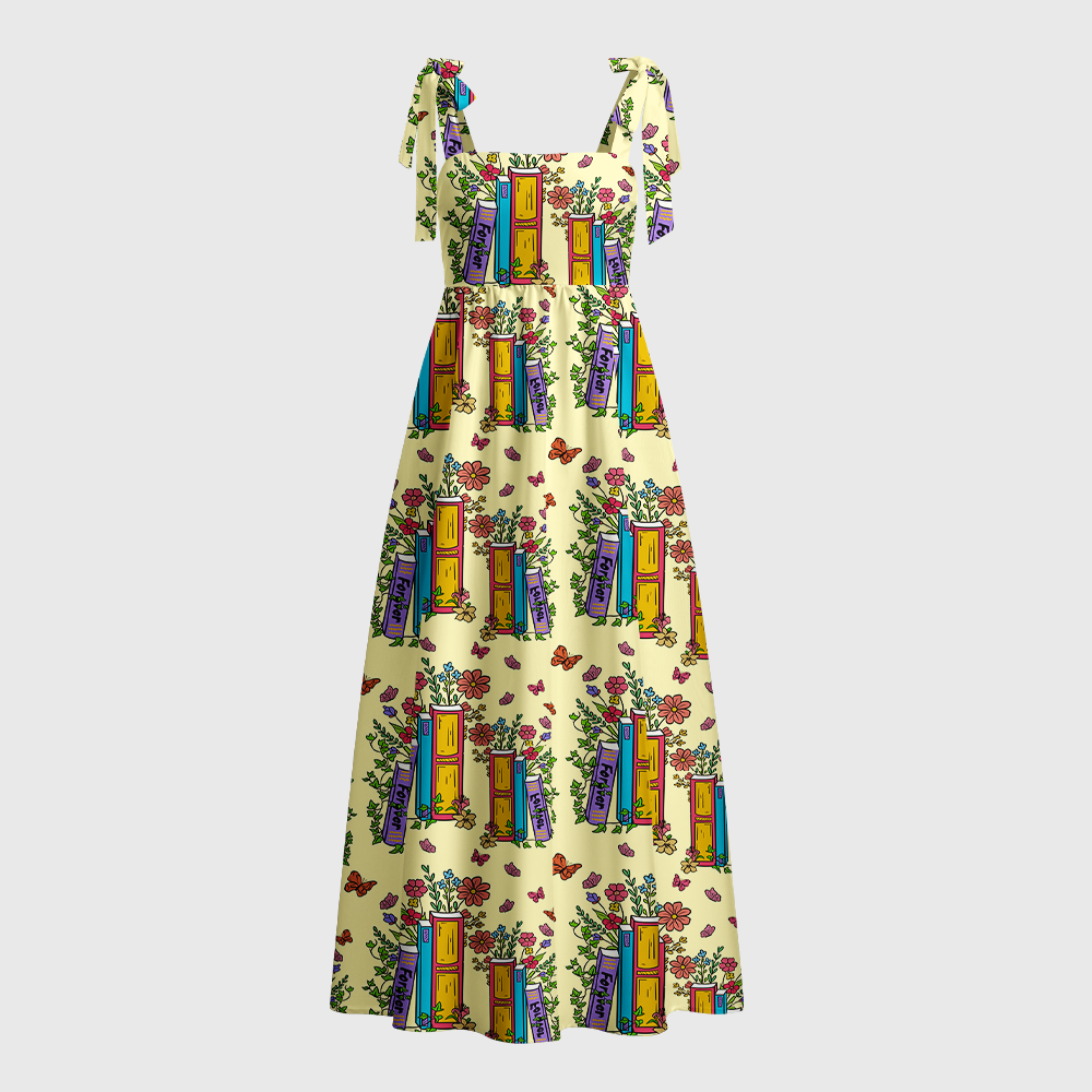 Pagewings Floral Rainbow Bookshelf Tie Shoulder Maxi Dress