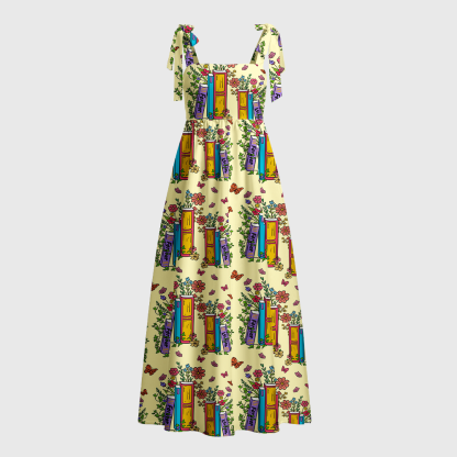 Pagewings Floral Rainbow Bookshelf  Tie Shoulder Maxi Dress