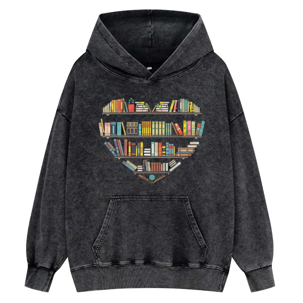 Pagewings Heart Bookshelves Unisex Washed Hoodie