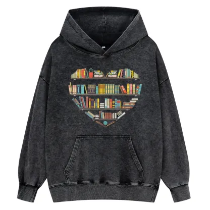 Pagewings Heart Bookshelves Unisex Washed Hoodie