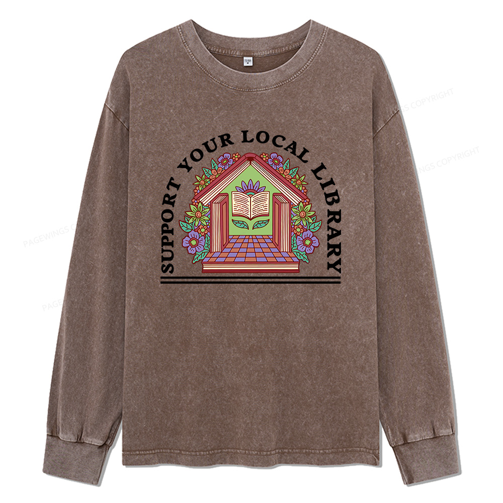 Pagewings Support Your Local Library Unisex Washed Long Sleeve T-shirt