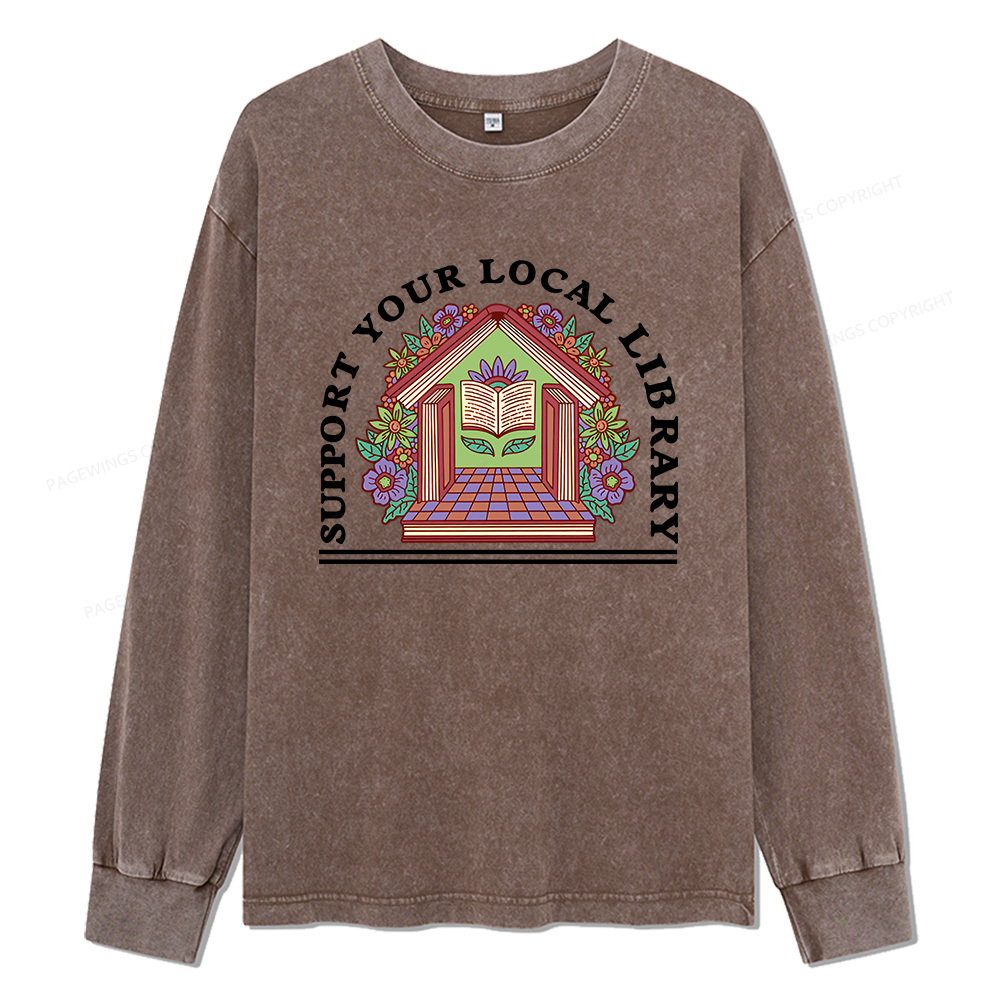 Pagewings Support Your Local Library Unisex Washed Long Sleeve T-shirt