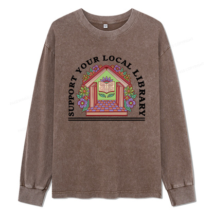 Pagewings Support Your Local Library Unisex Washed Long Sleeve T-shirt