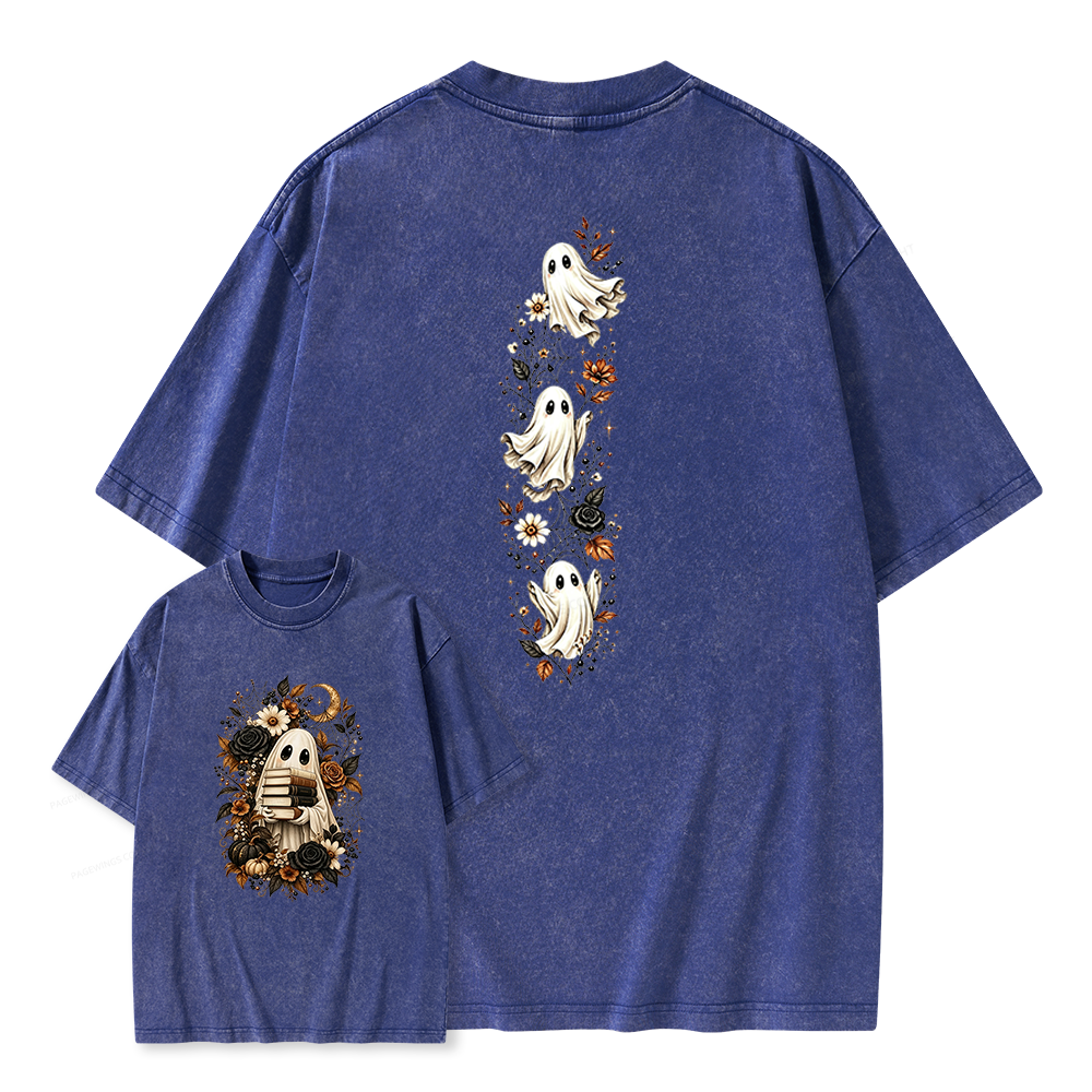 Pagewings Halloween Floral Ghost Bookish Unisex Washed T-shirt