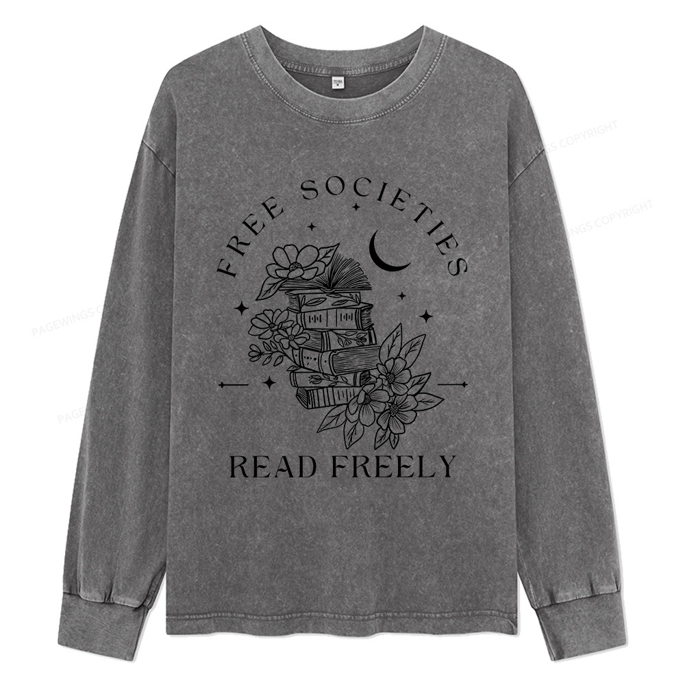 Pagewings Free Societies Read Freely Unisex Washed Long Sleeve T-shirt