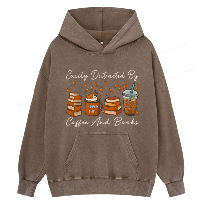 Pagewings Easily Distracted By Coffee And Books Unisex Washed Hoodie