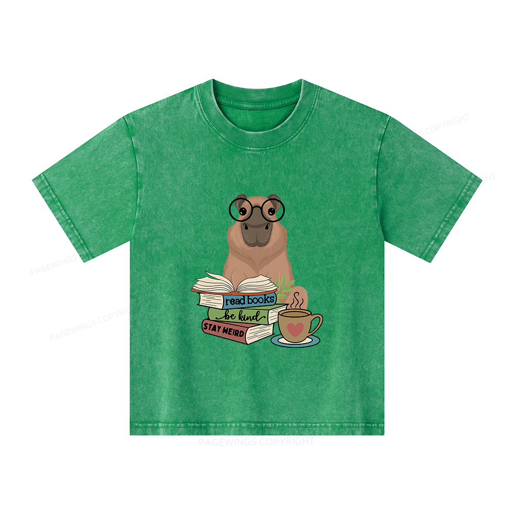 Pagewings Capybara Reading Unisex Kids Washed T-shirt