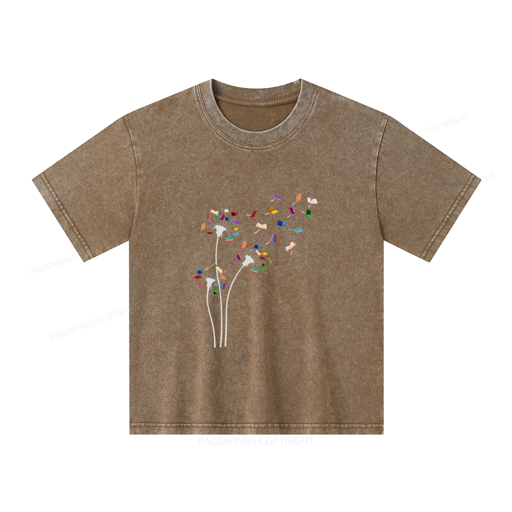 Pagewings Cute Dandelion Books Flower Fly Unisex Kids Washed T-shirt