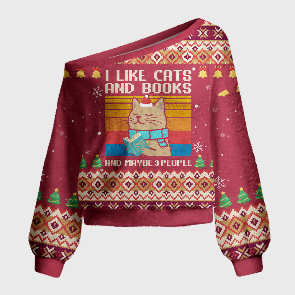 Pagewings Cat Book Introvert Holiday Off Shoulder Ugly Knit Sweater