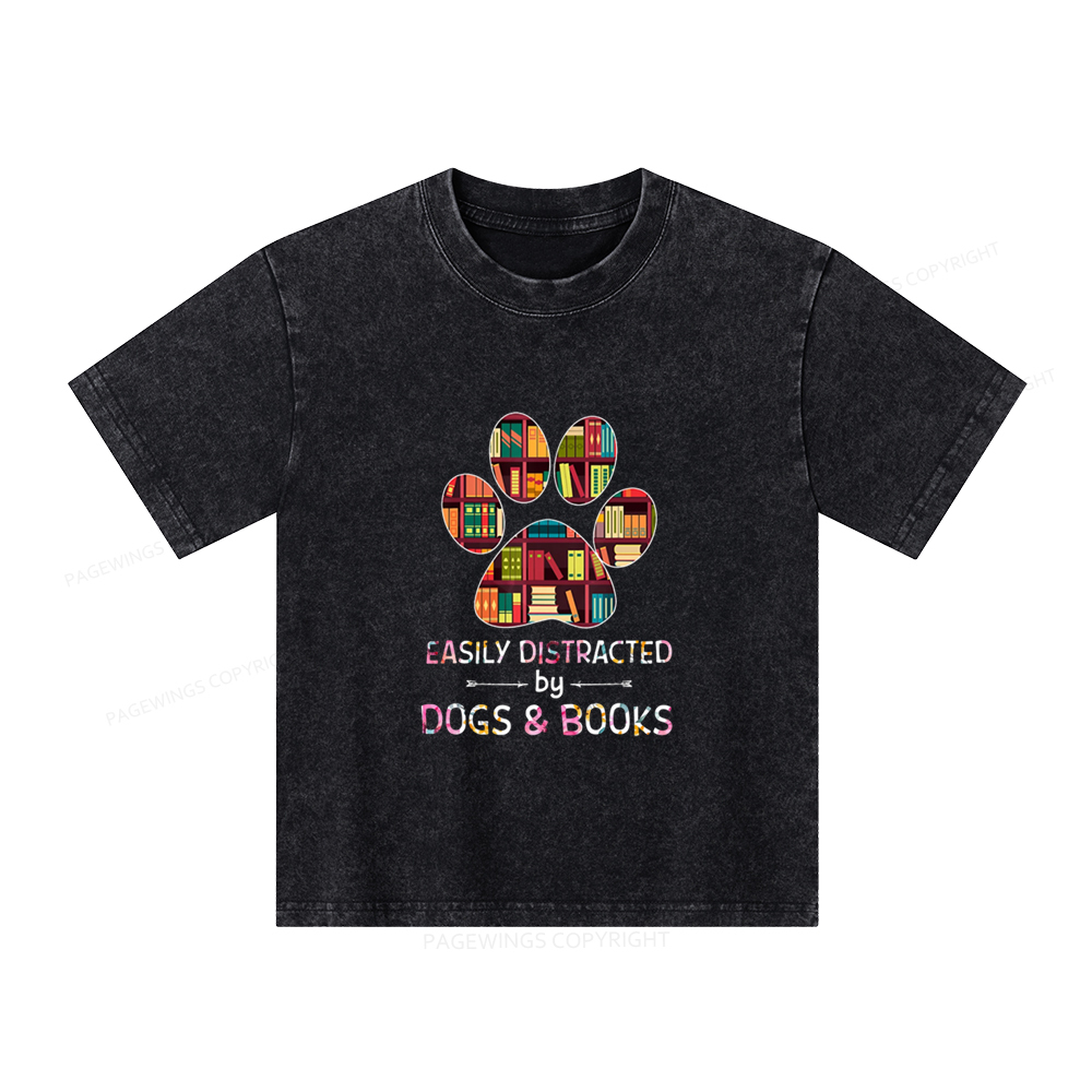 Pagewings Easily Distracted By Dogs And Books Unisex Kids Washed T-shirt
