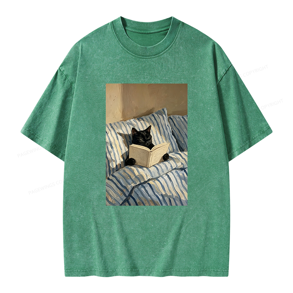 Pagewings Black Cat Reading in Bed Unisex Washed T-shirt