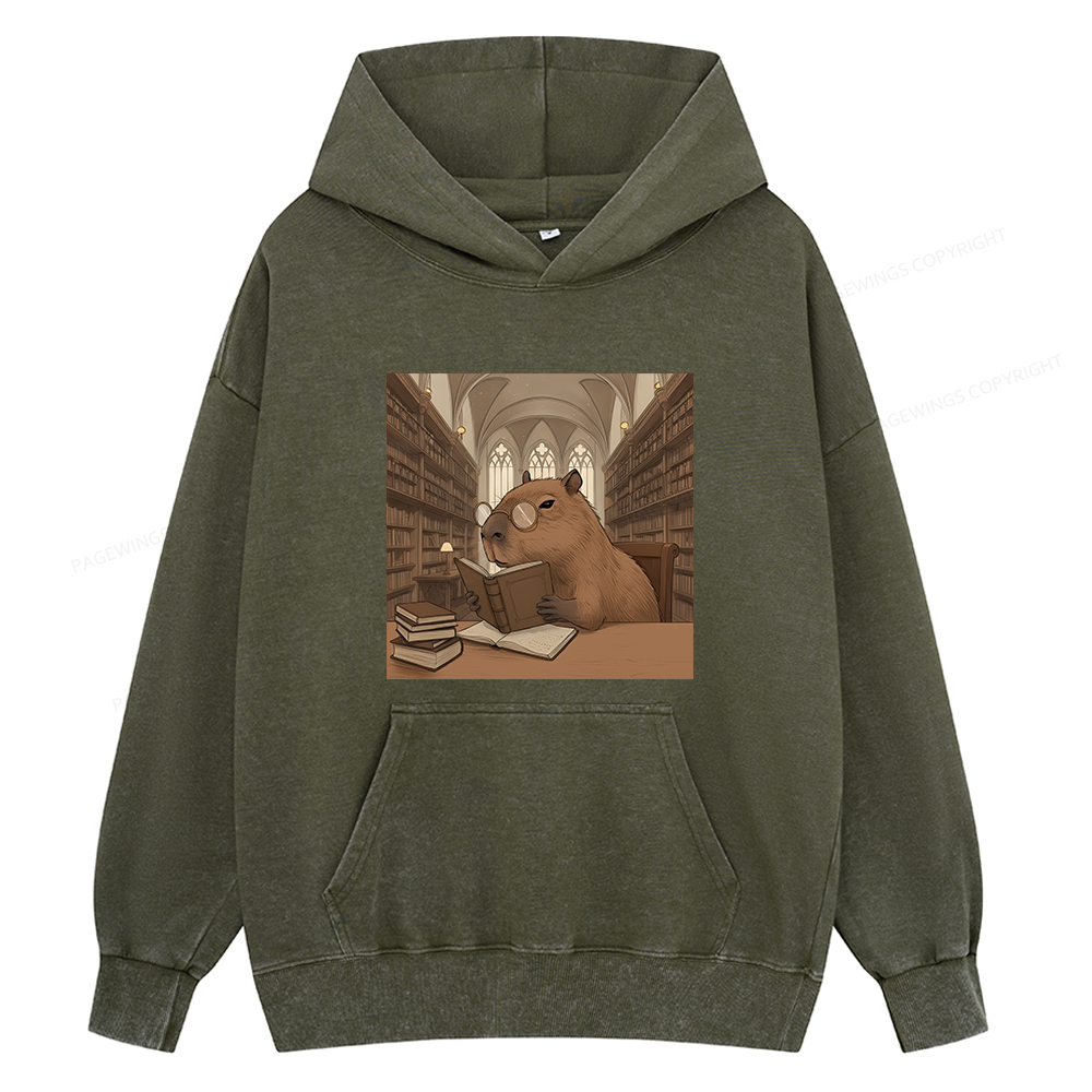 Pagewings The Reader Capybara Unisex Washed Hoodie