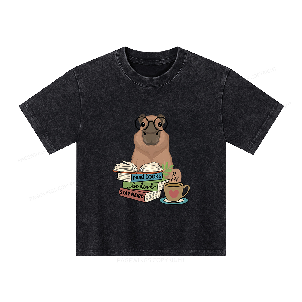 Pagewings Capybara Reading Unisex Kids Washed T-shirt
