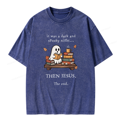 Pagewings Funny Fall Reading Ghost Unisex Washed T-shirt