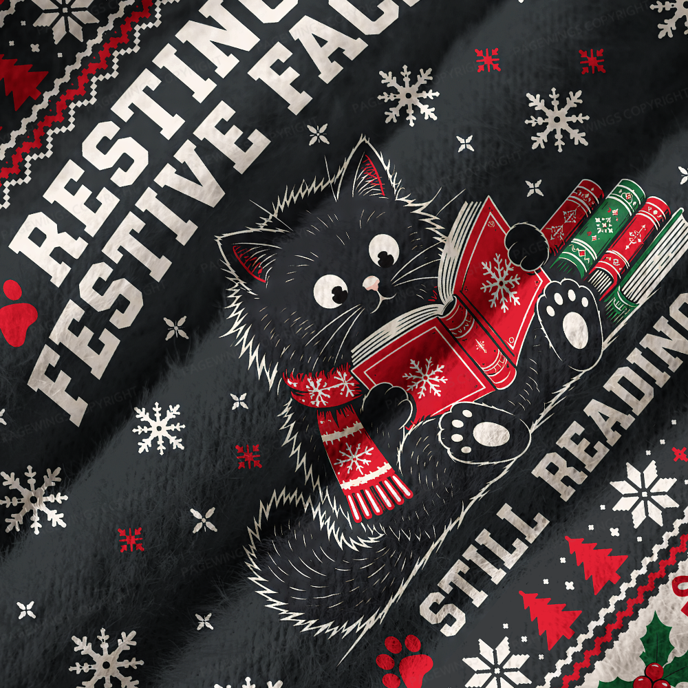 Pagewings Resting Festive Face Still Reading Off Shoulder Ugly Knit Sweater