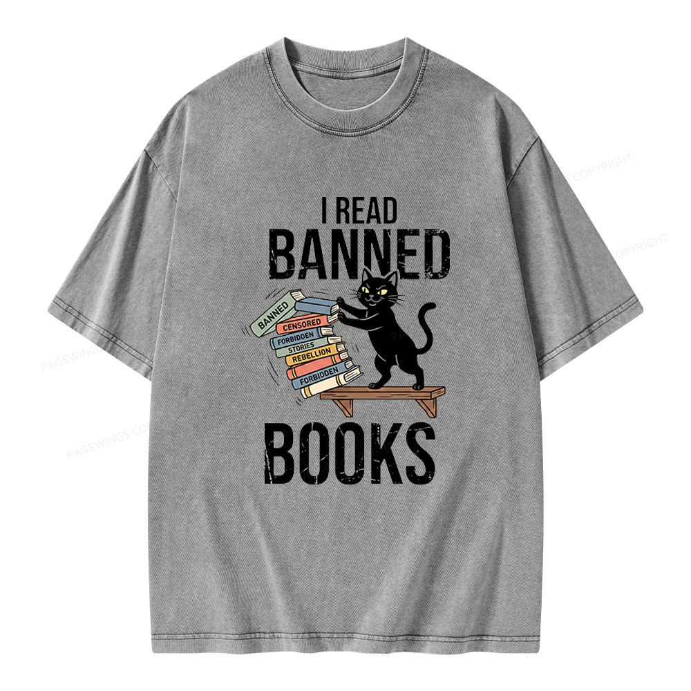 Pagewings Black Cat I Read Banned Books Unisex Washed T-shirt
