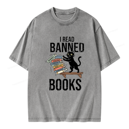 Pagewings Black Cat I Read Banned Books Unisex Washed T-shirt