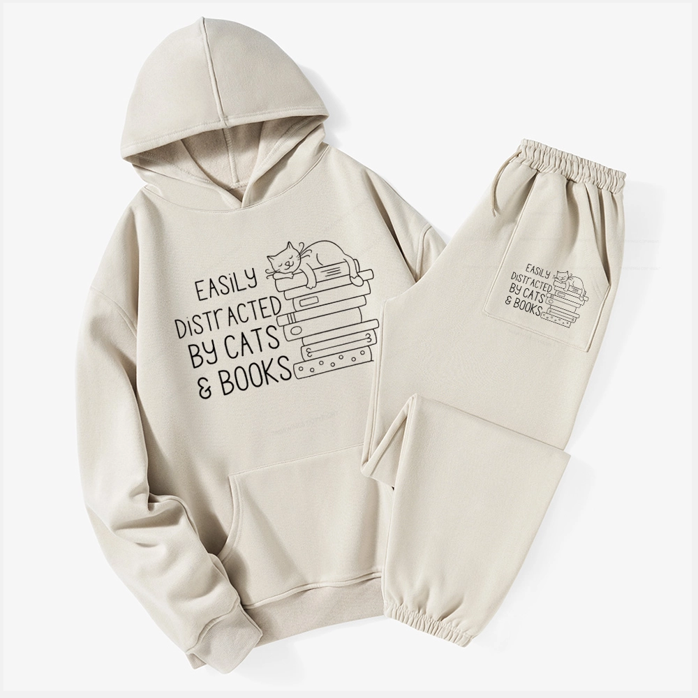 Pagewings Easily Distracted By Cats and Books Unisex Fleece Hoodie Set