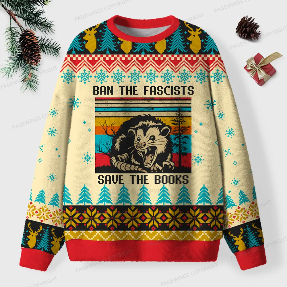 Pagewings Ban The Fascists Save The Books Unisex Ugly Knit Sweatshirt