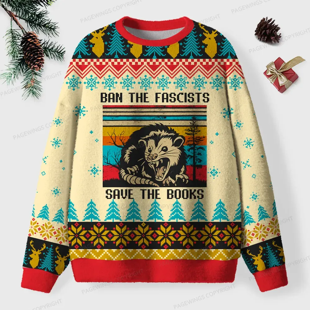 Pagewings Ban The Fascists Save The Books Unisex Ugly Knit Sweatshirt