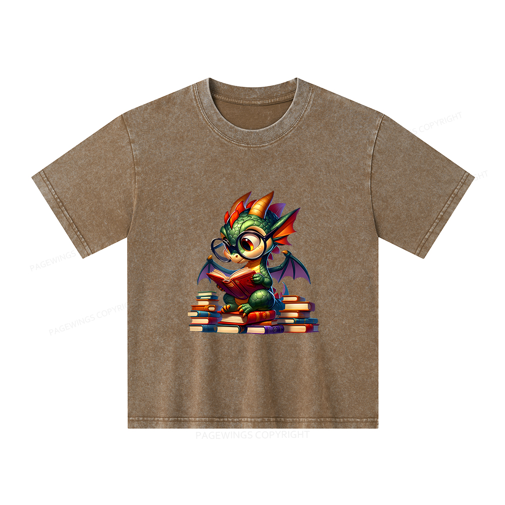 Pagewings Dragon And Books Unisex Kids Washed T-shirt