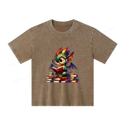 Pagewings Dragon And Books Unisex Kids Washed T-shirt