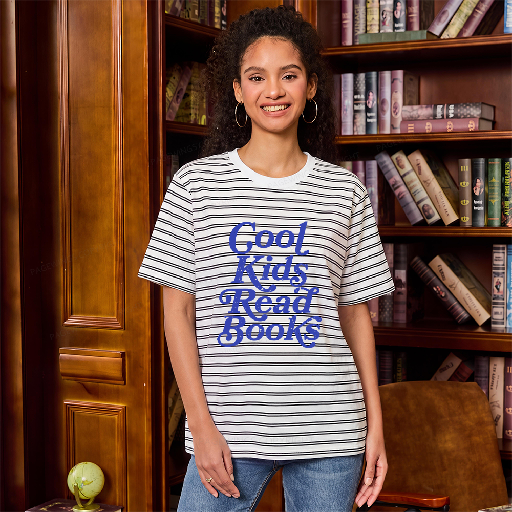Pagewings Cool Kids Read Books Unisex Striped T-Shirt