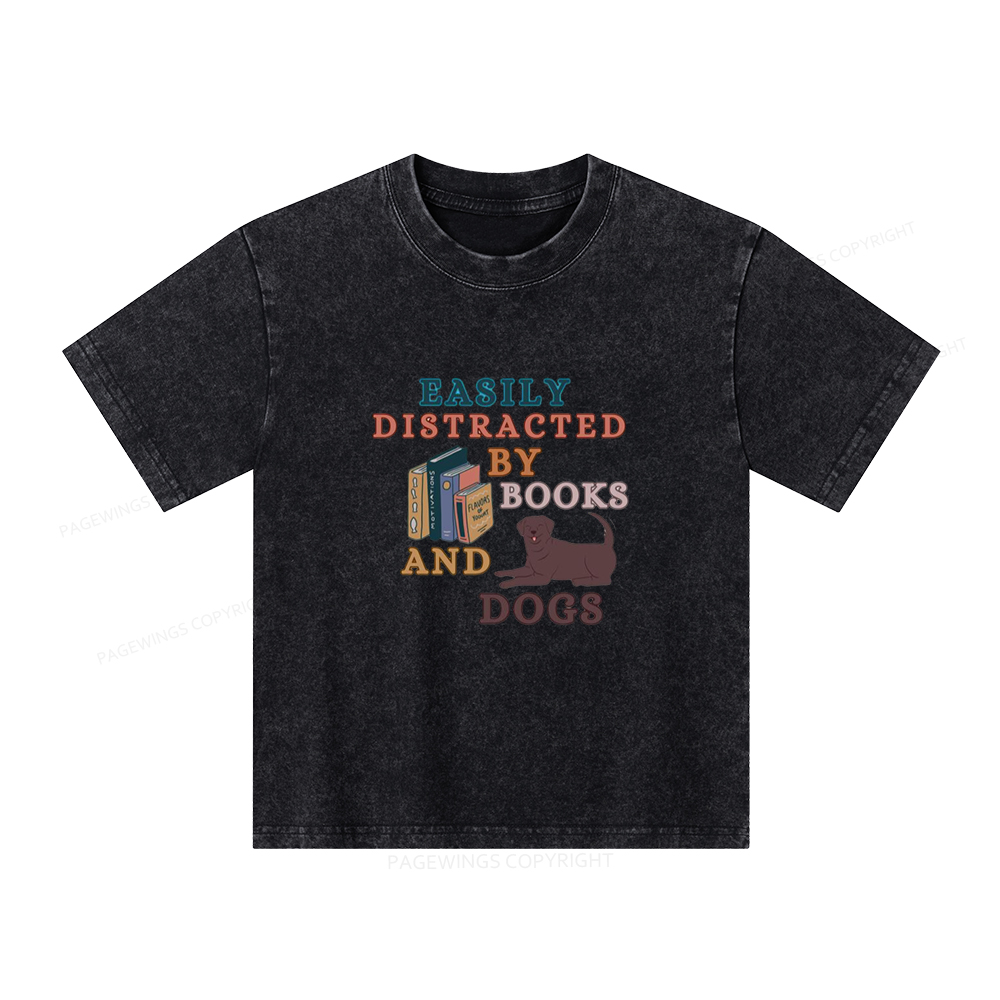 Pagewings Easily Distracted By Books And Labrador Unisex Kids Washed T-shirt
