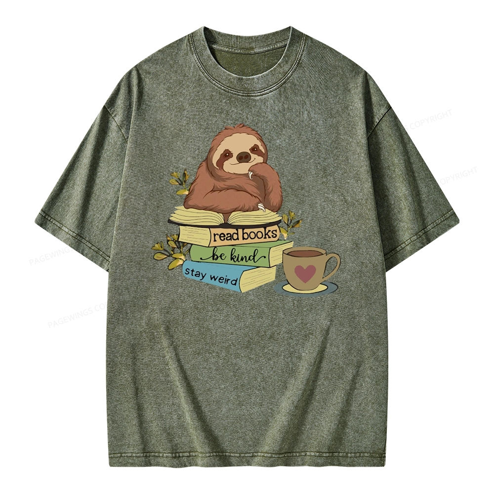 Pagewings Sloth Reading Unisex Washed T-shirt