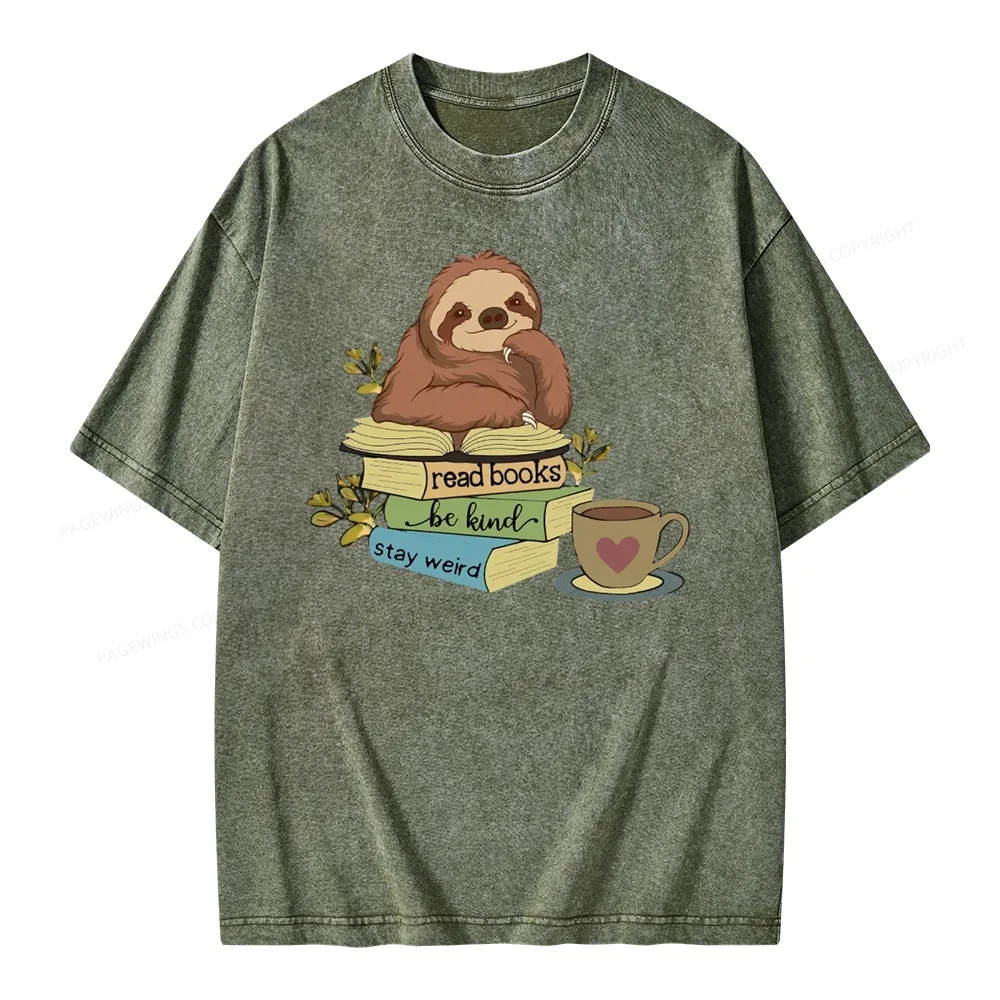 Pagewings Sloth Reading Unisex Washed T-shirt