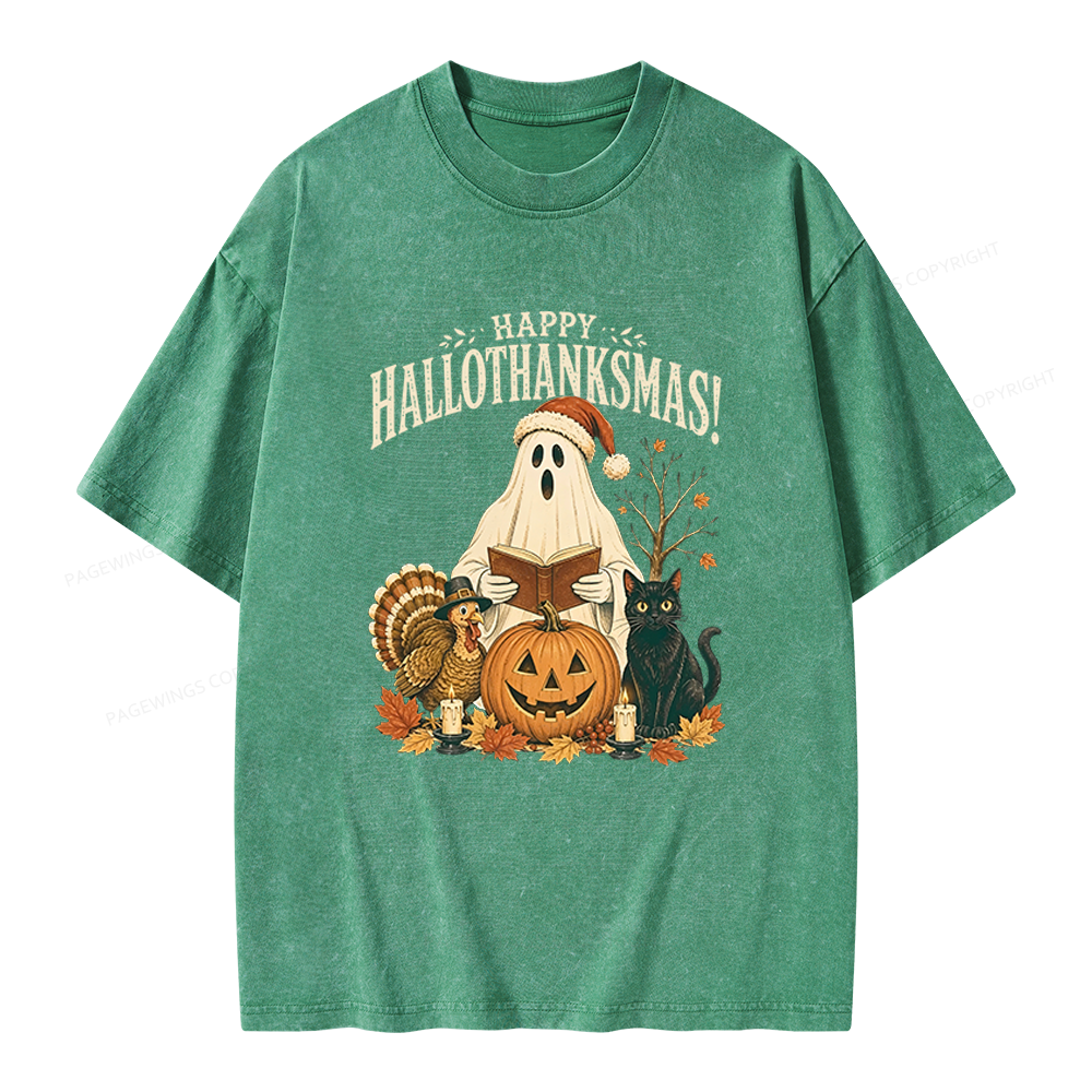 Pagewings Happy Hallothanksmas Unisex Washed T-shirt