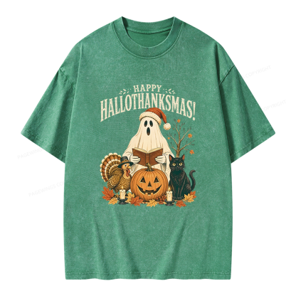 Pagewings Happy Hallothanksmas Unisex Washed T-shirt