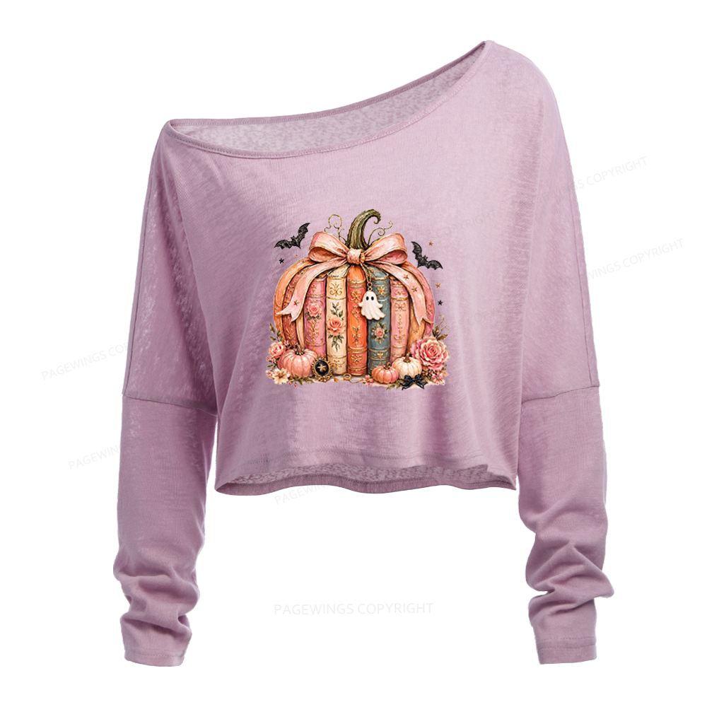 Pagewings Book Pumpkin Slouchy Long Sleeve Off Shoulder T-shirt