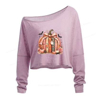 Pagewings Book Pumpkin Slouchy Long Sleeve Off Shoulder T-shirt