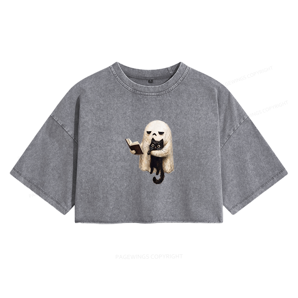 Pagewings Ghost Cat Women's Washed Cropped T-shirt