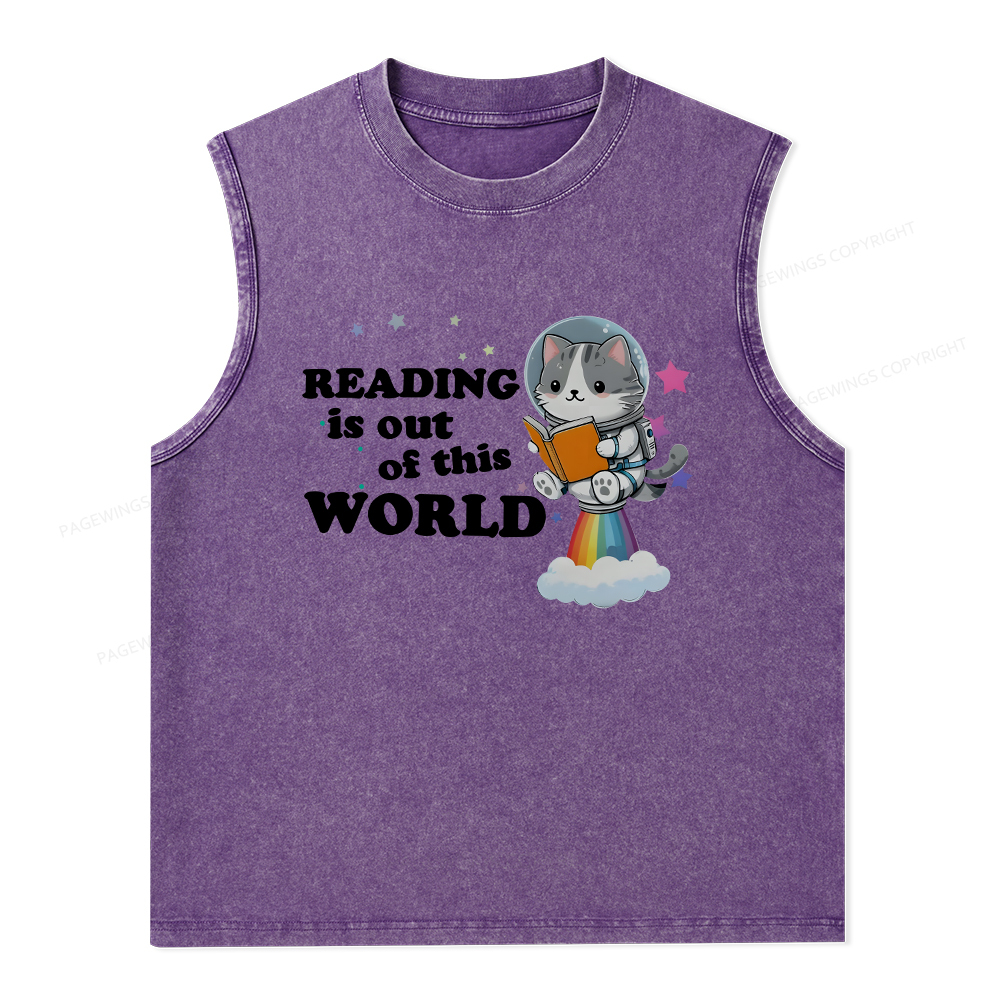 Pagewings Cat Reading in Space Unisex Washed Tank Top