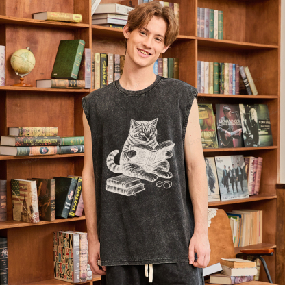 Pagewings Cat Reading Book Unisex Washed Tank Top
