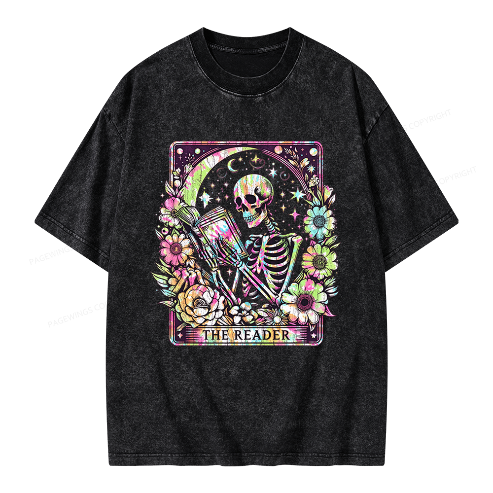 Pagewings The Reader Tarot Card Skeleton Reading Unisex Washed T-shirt