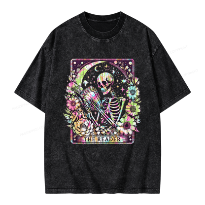 Pagewings The Reader Tarot Card Skeleton Reading Unisex Washed T-shirt