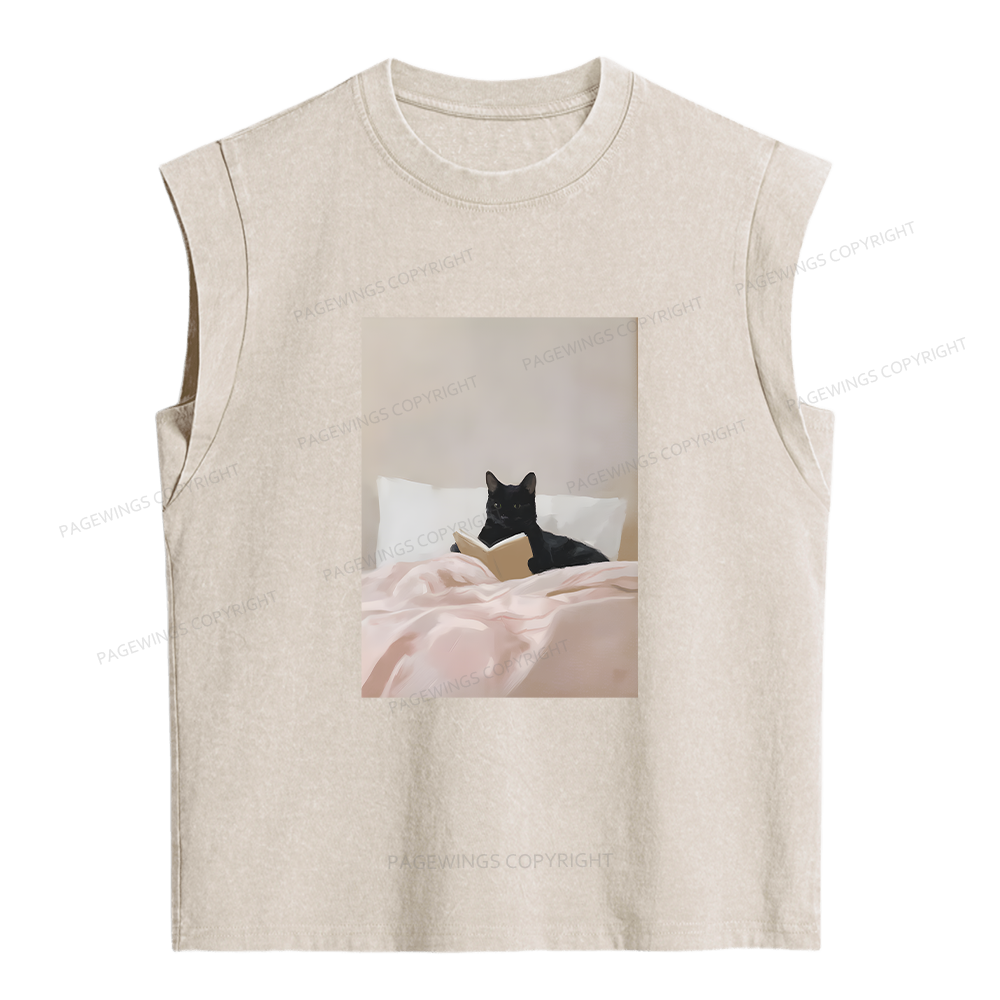 Pagewings Cat Reading in Bed Women's Washed Tank Top